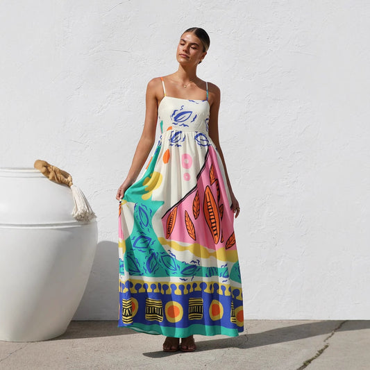 Vestido para mujer de tirantes estampado largo fluido - Naïma