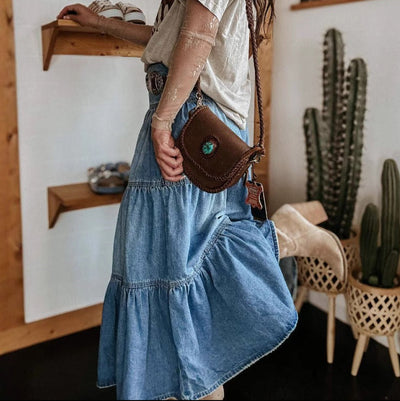 Falda para mujer denim largo midi con vuelo y cintura alta - Nuri