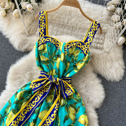 Vestido largo para mujer con estampado limones estilo vintage con lazo - Élodie