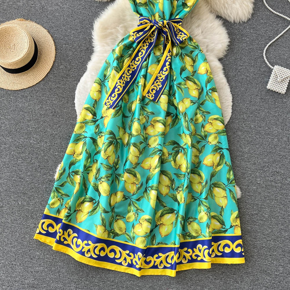 Vestido largo para mujer con estampado limones estilo vintage con lazo - Élodie