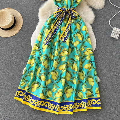 Vestido largo para mujer con estampado limones estilo vintage con lazo - Élodie