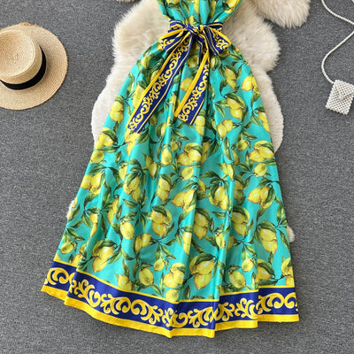 Vestido largo para mujer con estampado limones estilo vintage con lazo - Élodie