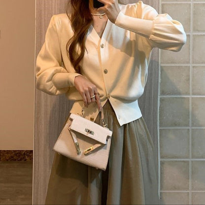 Cárdigan mujer manga abullonada escote en V estilo retro - Odile