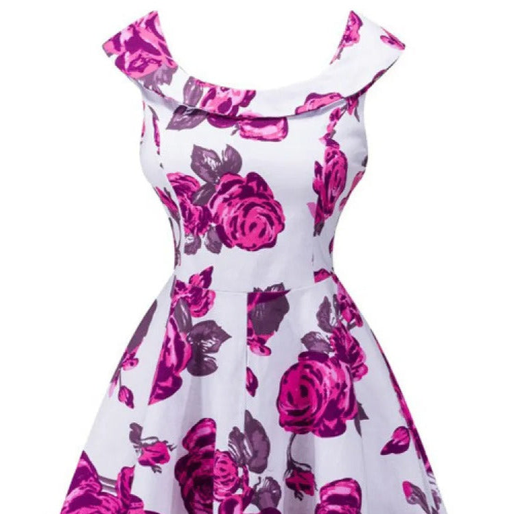 Vestido midi para mujer floral escote barco estilo acampanado - Brigitte