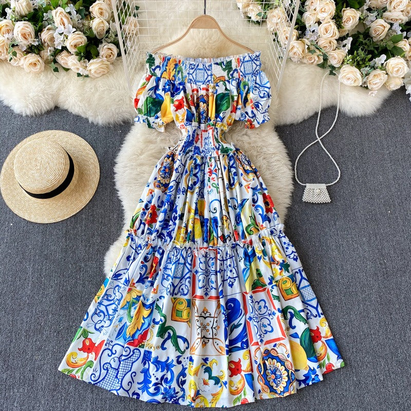 Vestido largo para mujer hombros descubiertos con mangas abullonadas estilo bohemio - Marisol