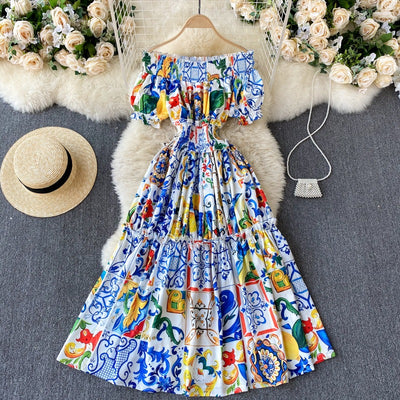 Vestido largo para mujer hombros descubiertos con mangas abullonadas estilo bohemio - Marisol