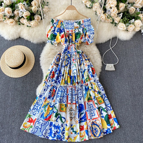 Vestido largo para mujer hombros descubiertos con mangas abullonadas estilo bohemio - Marisol