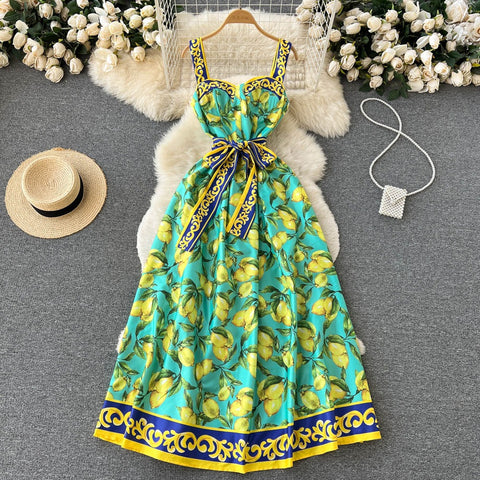 Vestido largo para mujer con estampado limones estilo vintage con lazo - Élodie