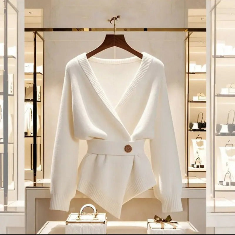 Jersey mujer punto canalé cruzado detalle cinturón estilo elegante - Matildee