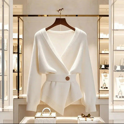 Jersey mujer punto canalé cruzado detalle cinturón estilo elegante - Matildee