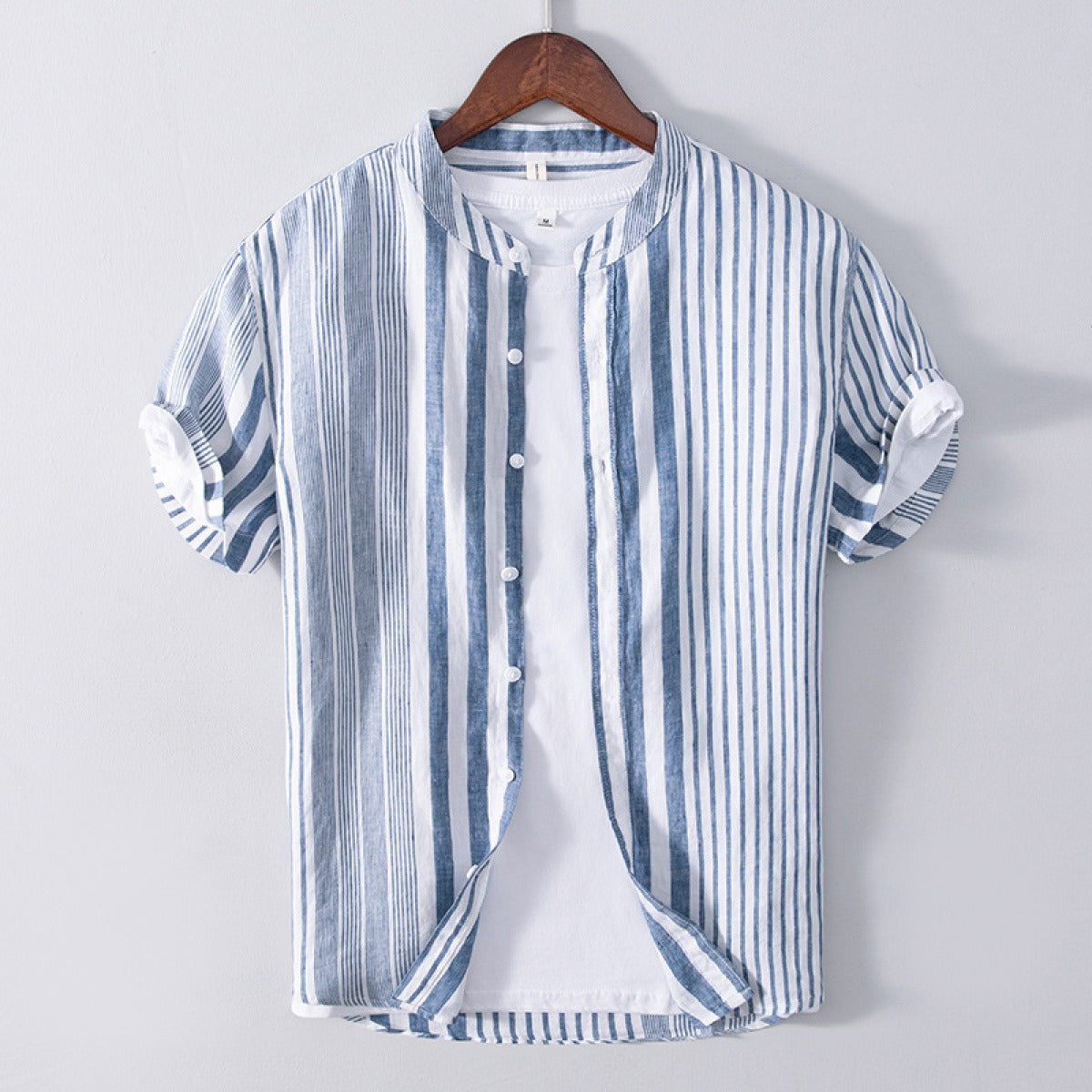 Camisa para hombre de lino cuello mao rayas verticales - Étienne