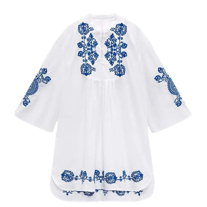 Vestido corto para mujer de algodón bordado estilo étnico corte holgado - Irati