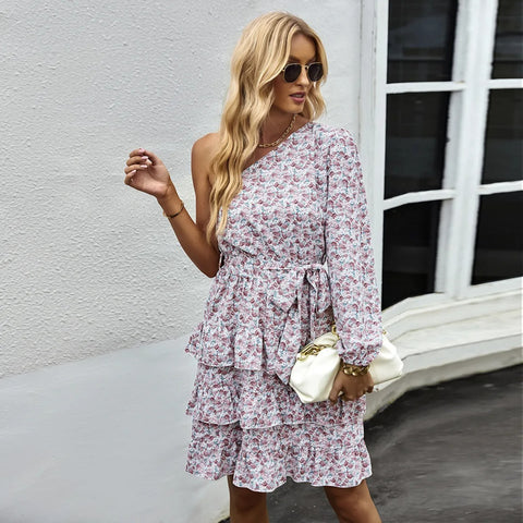 Vestido floral para mujer de manga larga con volante estilo asimétrico - Emilia