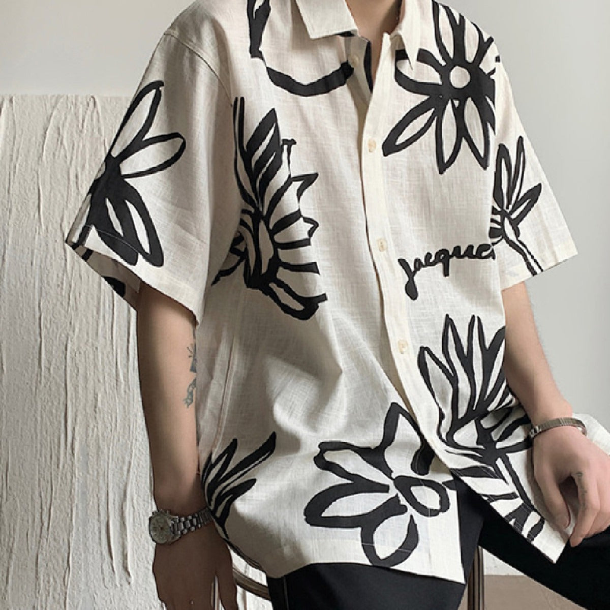 Camisa para hombre de manga corta lino diseño floral artístico - Jörg