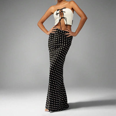 Falda larga para mujer viscosa estampado de lunares estilo entallado - Karla