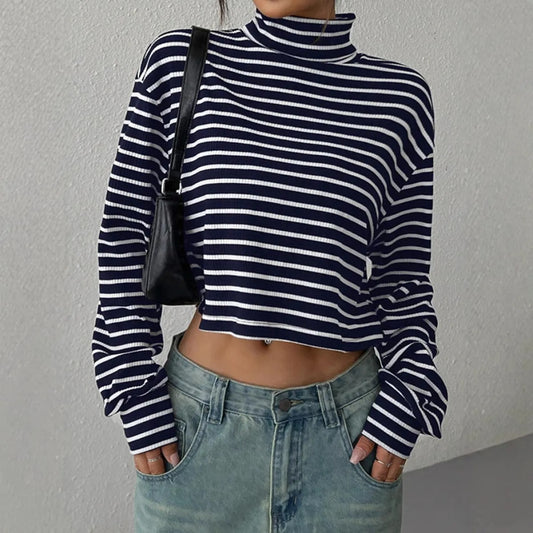Top manga larga para mujer canalé rayas estilo crop - Léonie