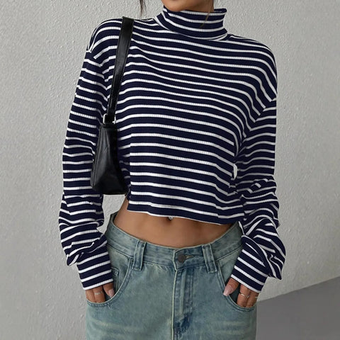 Top manga larga para mujer canalé rayas estilo crop - Léonie