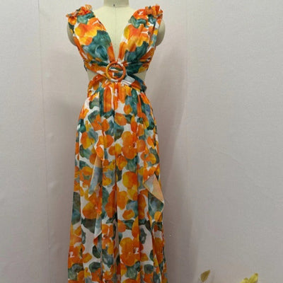 Vestido asimétrico para mujer de gasa floral volantes escote profundo - Mélodie