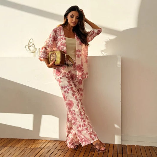Conjunto de mujer con pantalón recto y camisa estampada floral - Fabienne