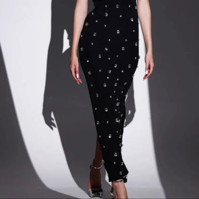 Vestido largo para mujer con pedrería escote asimétrico estilo elegante - Vianey