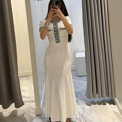 Vestido largo para mujer de punto acanalado con detalles denim - Mariela
