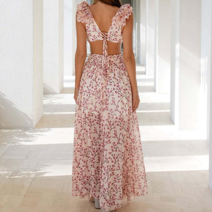 Vestido asimétrico para mujer de gasa floral volantes escote profundo - Mélodie