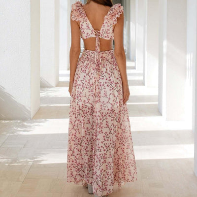 Vestido asimétrico para mujer de gasa floral volantes escote profundo - Mélodie