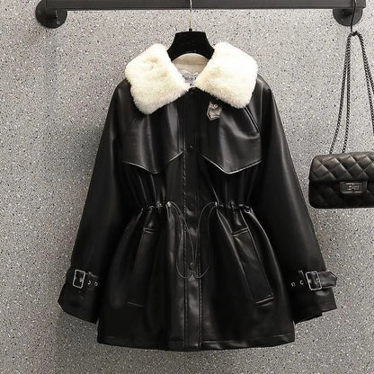 Abrigo mujer entallado efecto cuero con cuello desmontable - Yiva