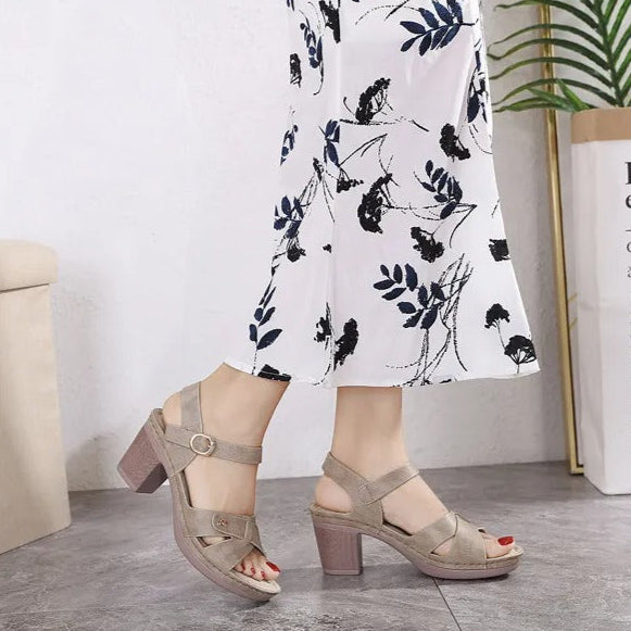 Sandalias de tacón ancho para mujer piel sintética diseño cruzado - Brigitte