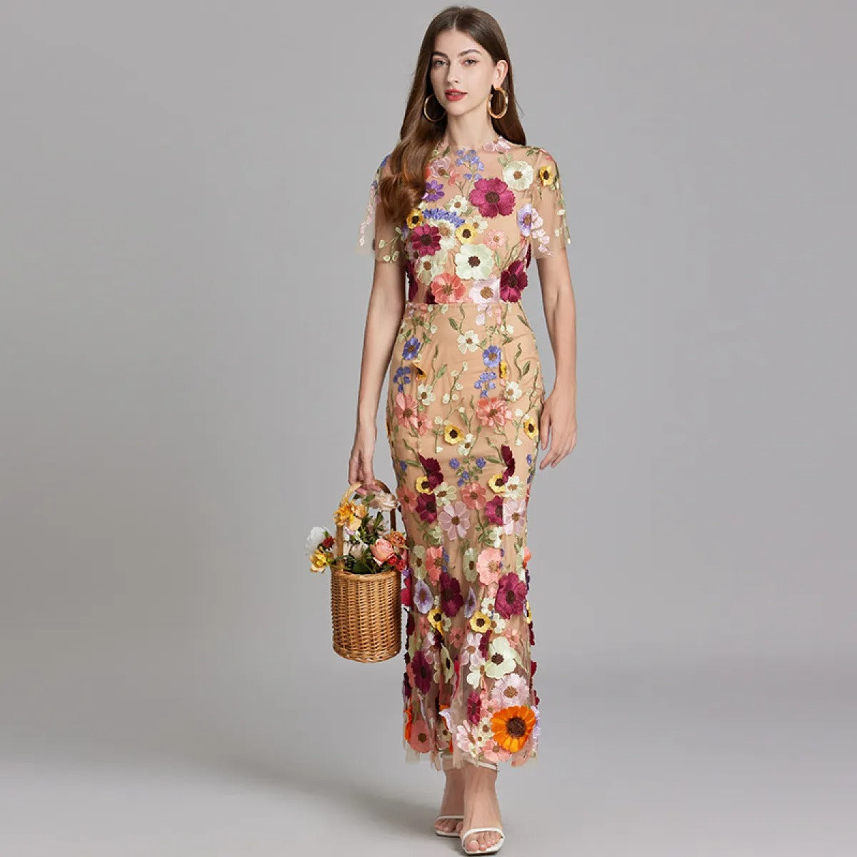 Vestido largo floral bordado mujer - Fiorella