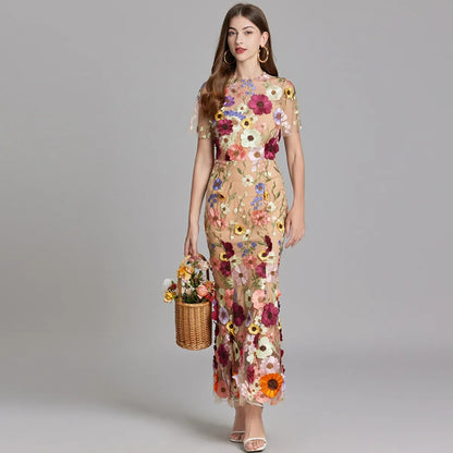 Vestido largo floral bordado mujer - Fiorella
