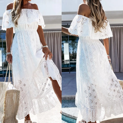 Vestido largo para mujer bordado calado escote barco - Julieta
