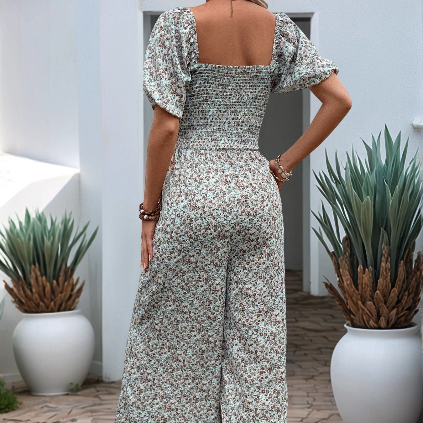 Mono largo para mujer flores manga corta escote cuadrado - Indira