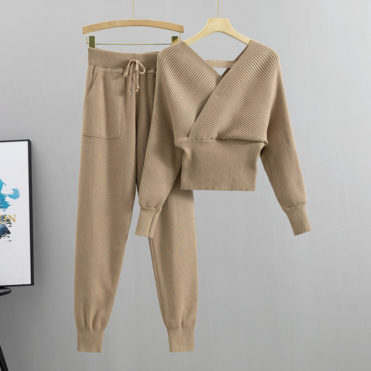 Conjunto punto mujer jersey cruzado y jogger canalé - Ilona