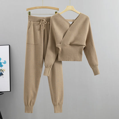 Conjunto punto mujer jersey cruzado y jogger canalé - Ilona