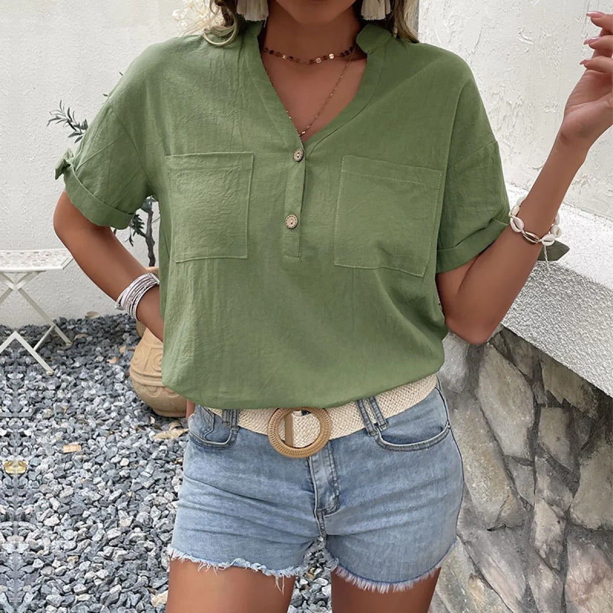 Blusa para mujer de lino casual escote en V manga corta - Teresa