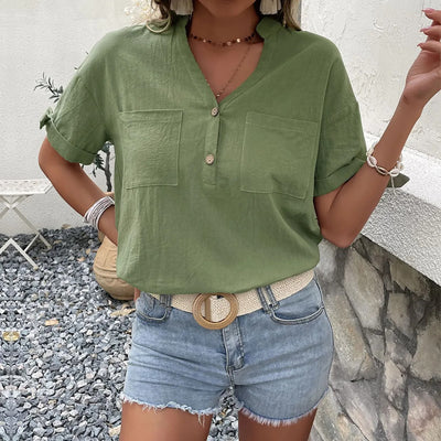 Blusa para mujer de lino casual escote en V manga corta - Teresa