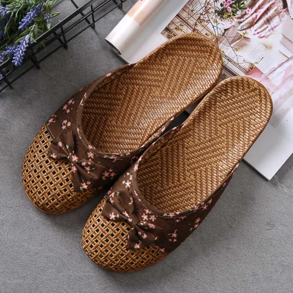 Zapatillas de casa mujer tejido rafia con lazo floral - Arumi