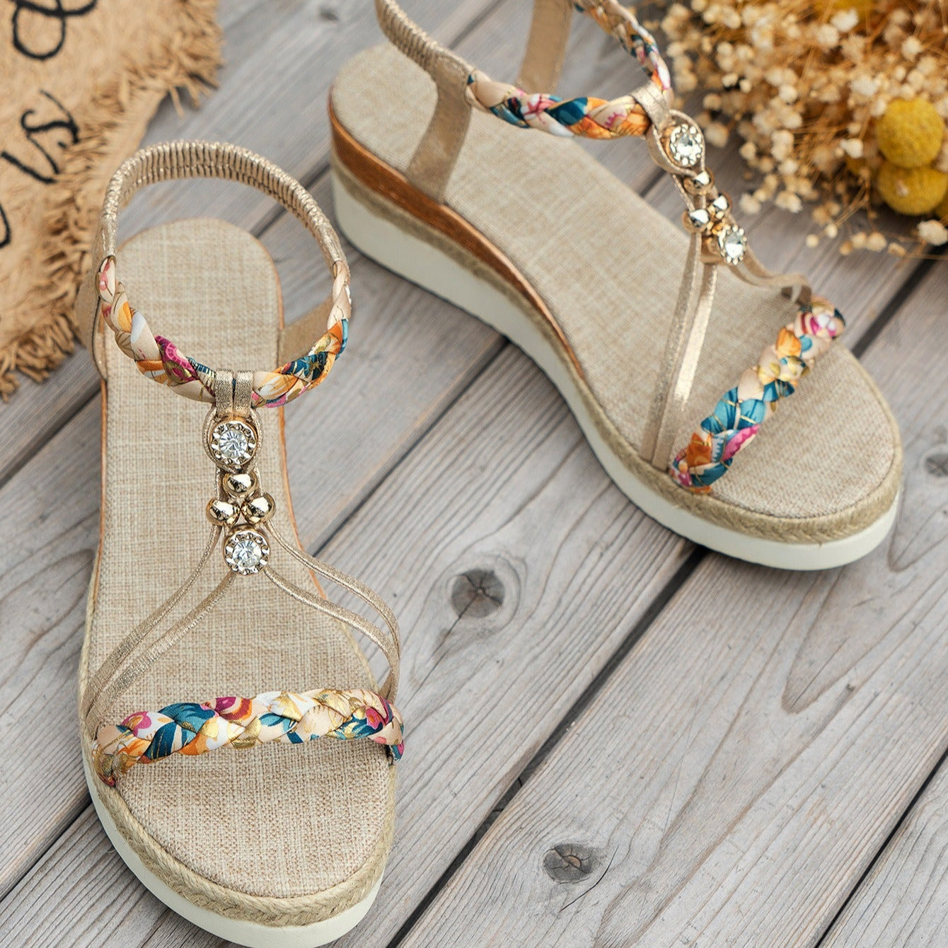 Sandalias para mujer yute de plataforma con pedrería - Naomi