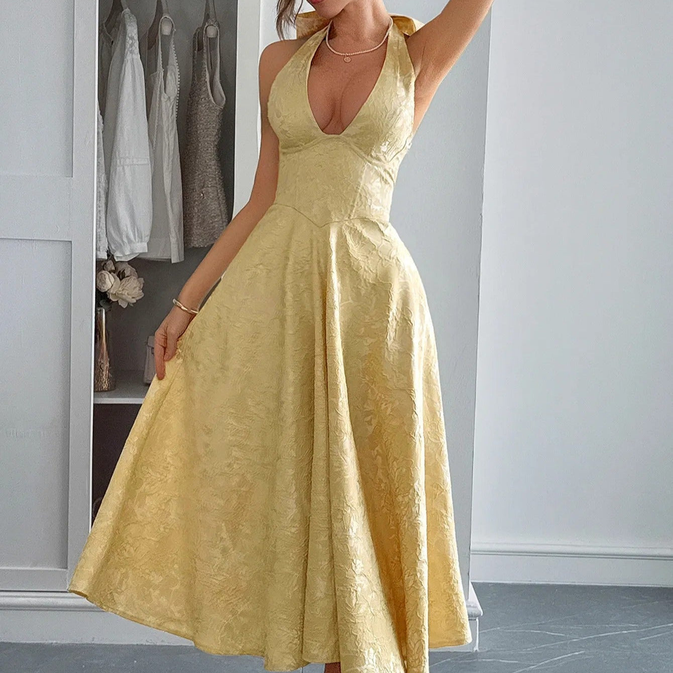 Vestido midi para mujer jacquard elegante escote halter - Mireille