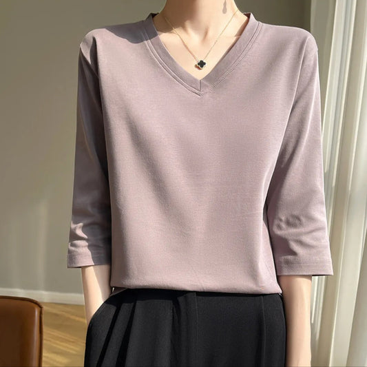 Camiseta para mujer de cuello en V manga francesa algodón suave - Élodie