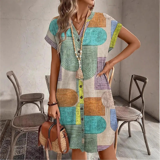 Vestido para mujer camisero bohemio con estampado geométrico - Galilea