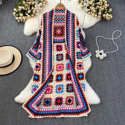 Kimono mujer crochet artesanal estilo bohemio largo - Nahla