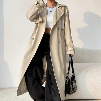 Abrigo trench largo mujer solapas cruzadas cinturón ajustable - Maelis