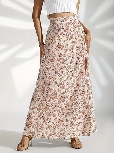 Falda larga mujer floral con abertura lateral - Celeste