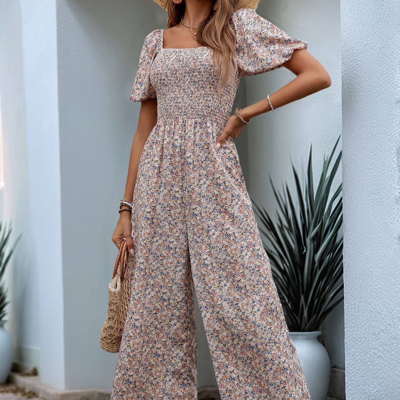 Mono largo para mujer flores manga corta escote cuadrado - Indira