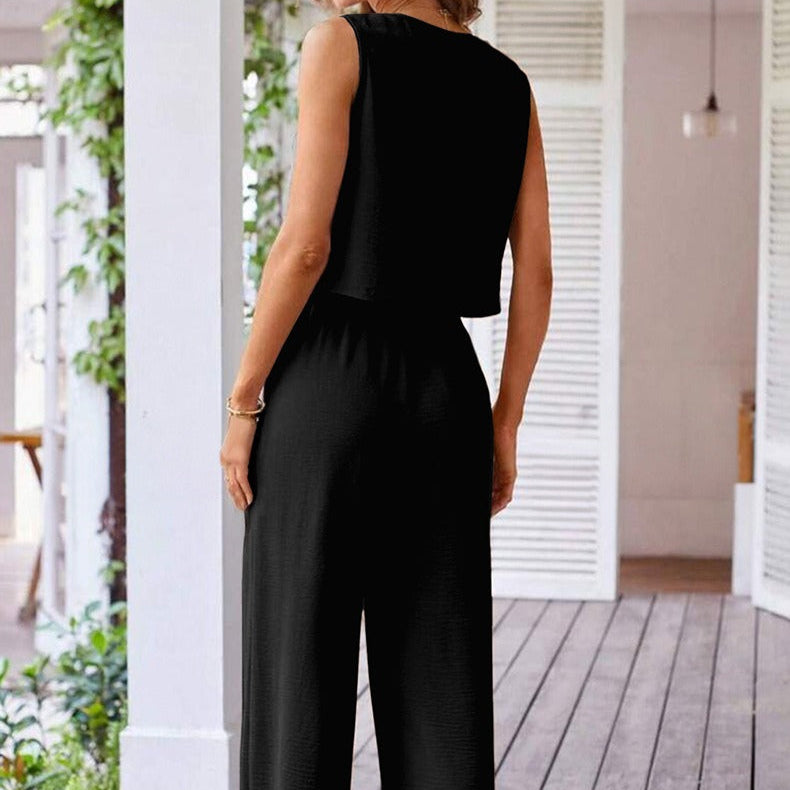 Conjunto sin mangas mujer fluido botones y pantalón palazzo - Ámbar