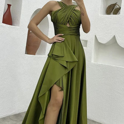 Vestido largo para mujer satinado plisado corte asimétrico - Natalia