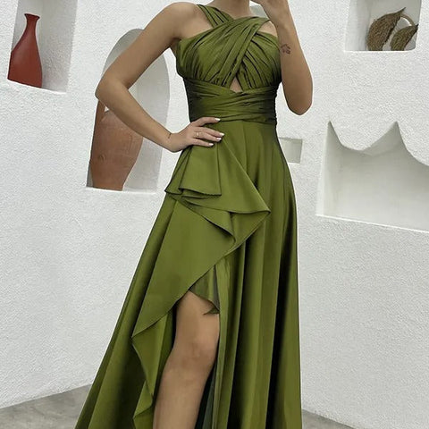 Vestido largo para mujer satinado plisado corte asimétrico - Natalia