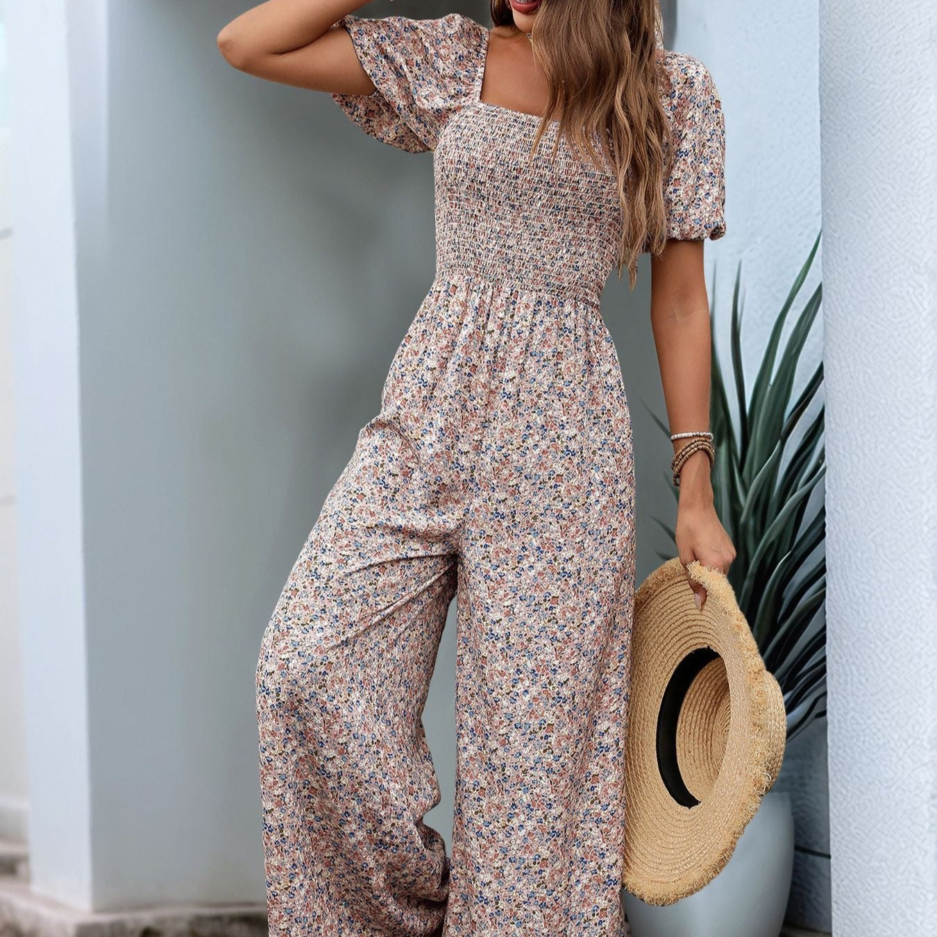 Mono largo para mujer flores manga corta escote cuadrado - Indira